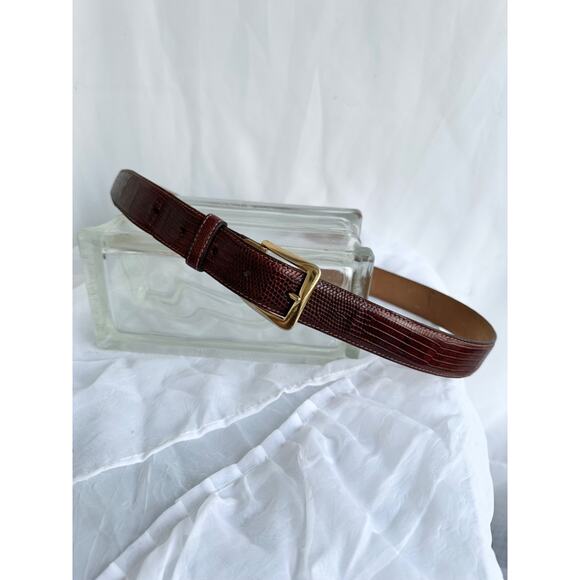 Saks Fifth Ave Mens 38 Brown Dress Belt Genuine LIZARD Leather gold buckle - Picture 2 of 7